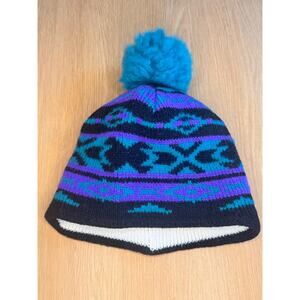 Kids VTG Wigwam 100% Wool Beanie Pom Pom Black Purple Teal Youth Cold Weather